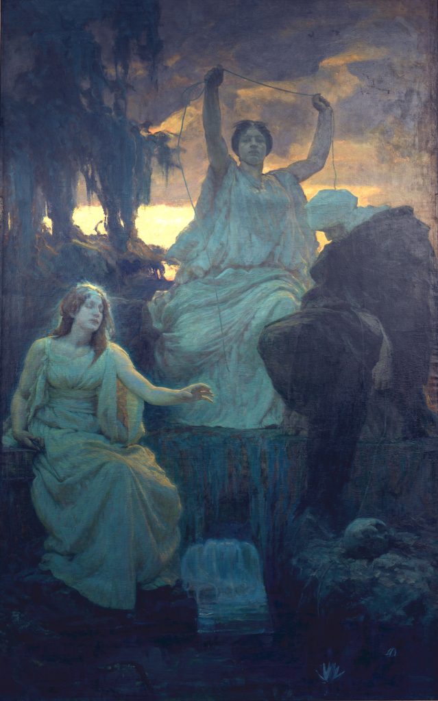 Three women beneath a stormy amber sky. A seated figure in pale robes holds a thread taut between raised hands; a young woman in a yellow gown sits below on a stone ledge, reaching out; a dark hooded figure turns away at the right. Water spills from the stone basin between them.