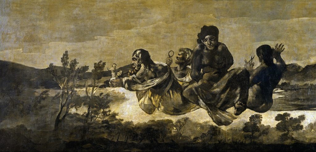 Three hovering figures — the Fates — one holding a magnifying glass, one a spindle, one shears, above a dim landscape. A bound figure sits among them.