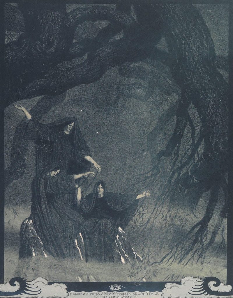 Three cloaked women among the vast gnarled roots and trunk of a great tree at night, passing a cord between them: one standing with an arm raised, one kneeling, one seated. Leaves fall around them. A decorative border below carries a line of stylised capitals.