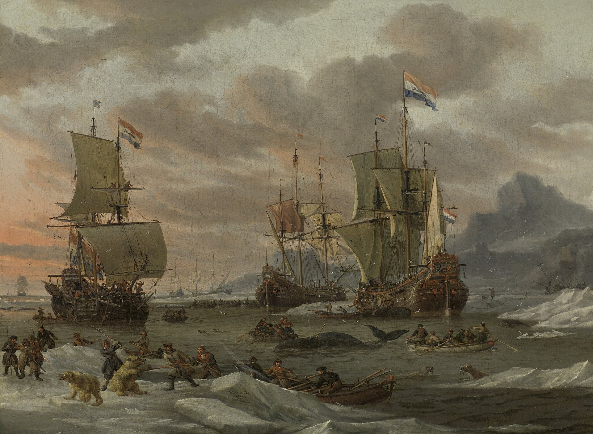 Three Dutch whaling ships lie among ice under a grey sky streaked with pink. In the foreground men on the floe spear polar bears; boats row among flensed whales; walruses lie at the right below a dark headland.