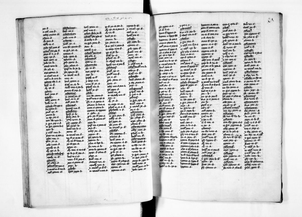 An open manuscript whose pages are filled with narrow columns of short Latin entries: a verbal concordance to the Bible.