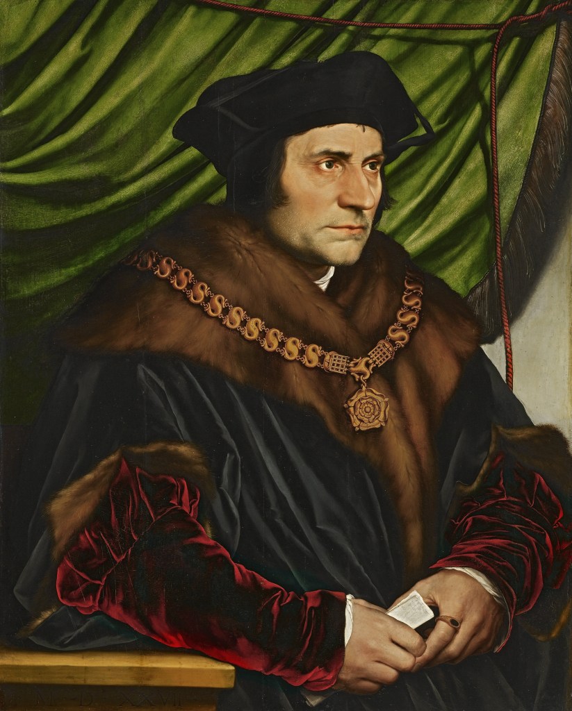 Hans Holbein's portrait of Thomas More in a dark fur-collared robe and the gold chain of office, against a green curtain.
